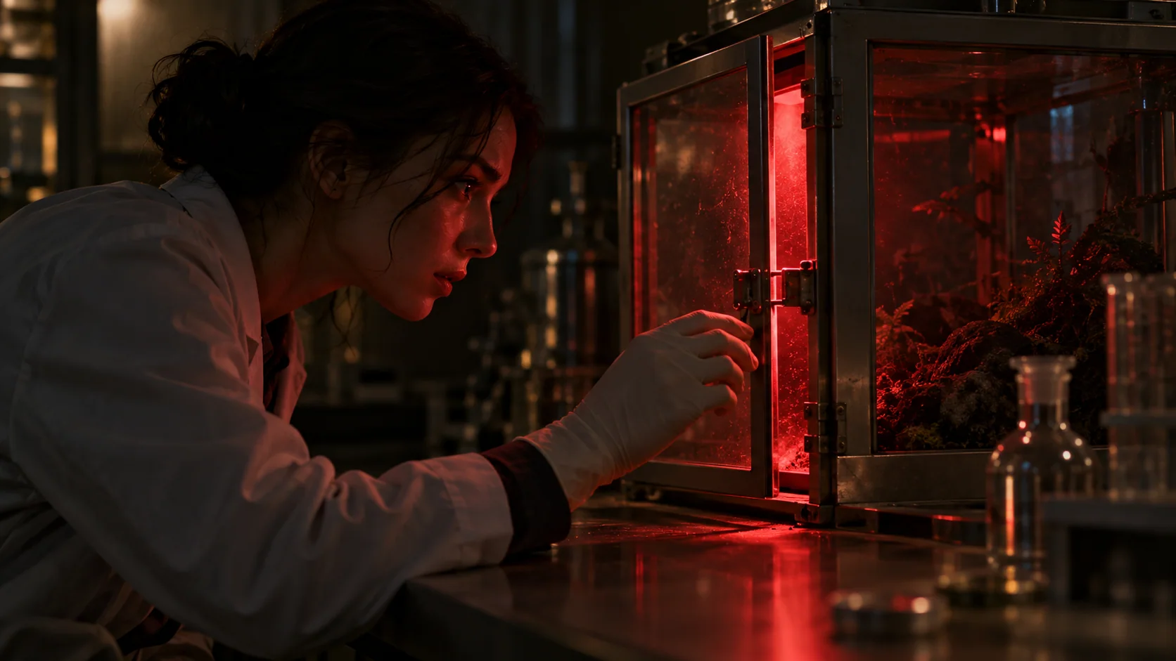 Investigadora comprueba el cierre de una cámara de pruebas de laboratorio iluminada en rojo.