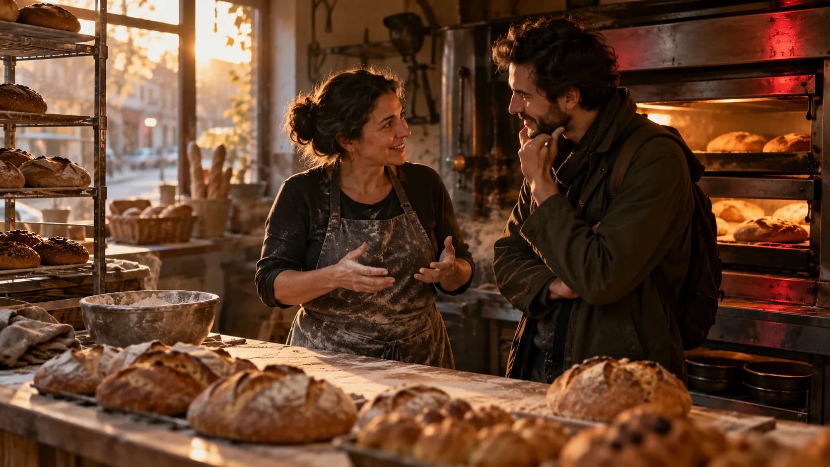 Panadera conversa con un visitante junto a los hornos antes de abrir la tienda.