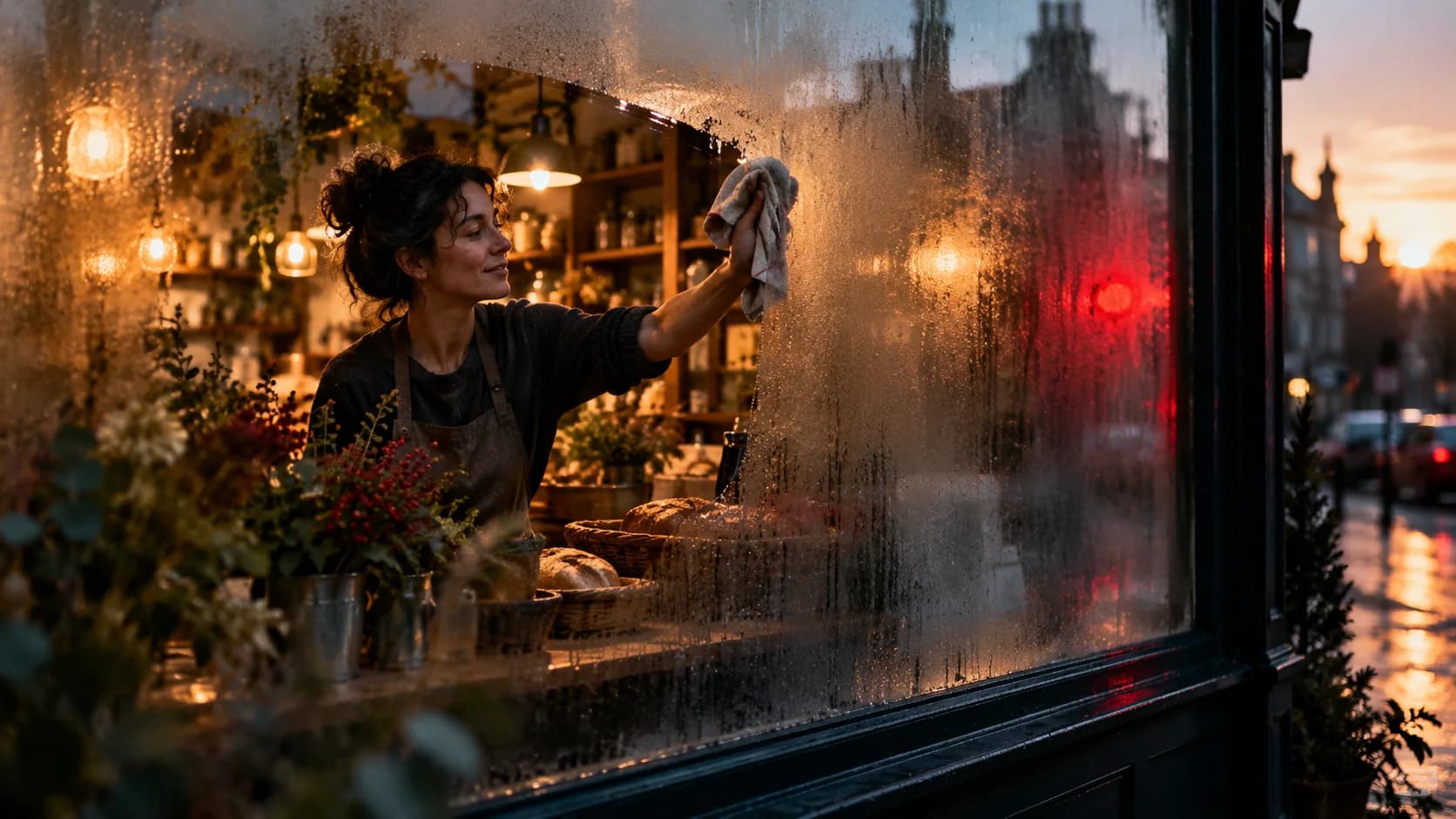 Dueña de un pequeño comercio limpia el cristal del escaparate al amanecer.