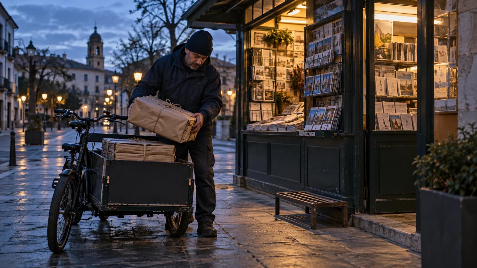 Antes del amanecer, un repartidor descarga de su bicicleta un fardo de periódicos envuelto en papel junto a un quiosco.