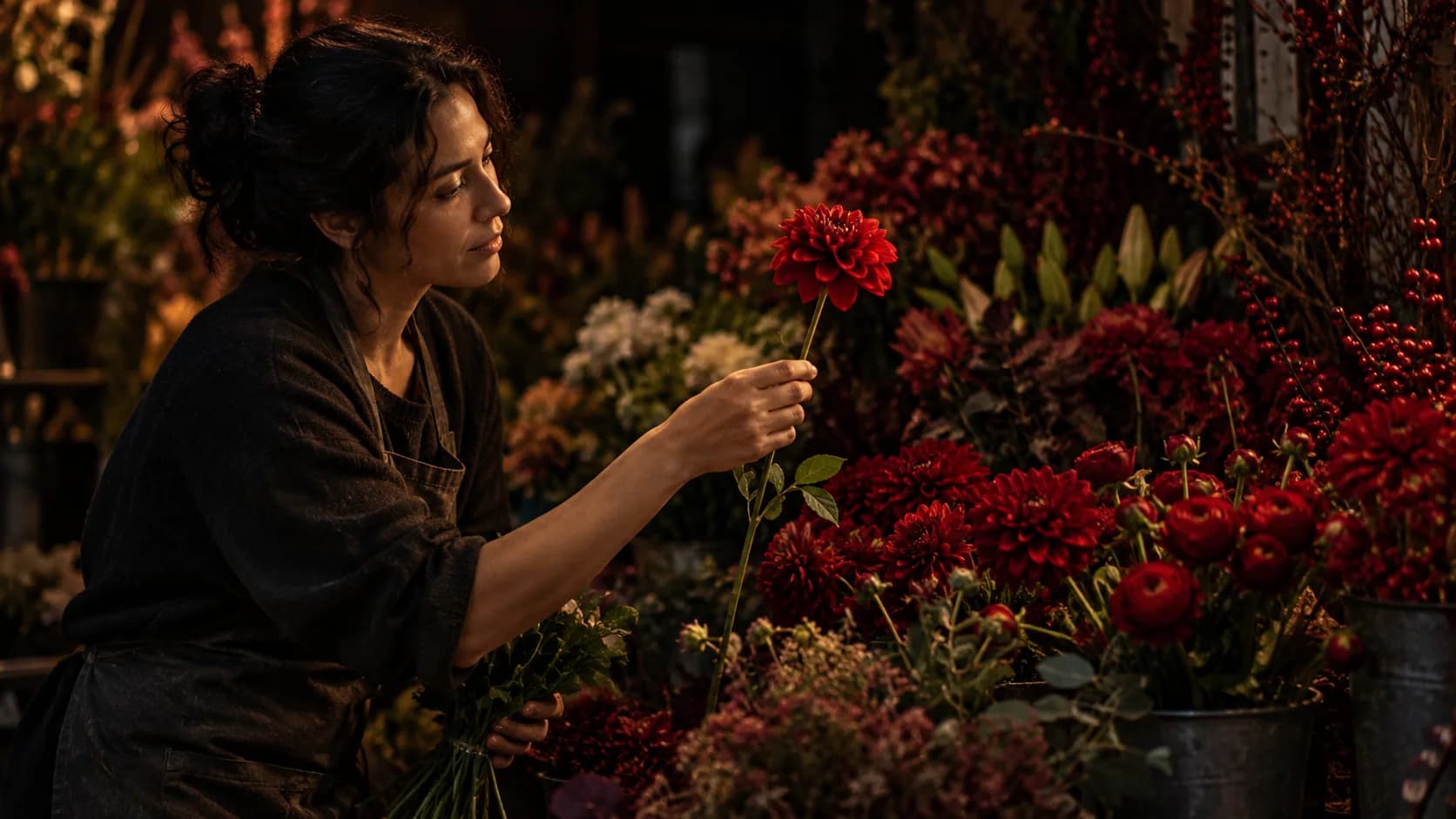 Florista elige una sola flor de entre un puesto lleno al comenzar el día.