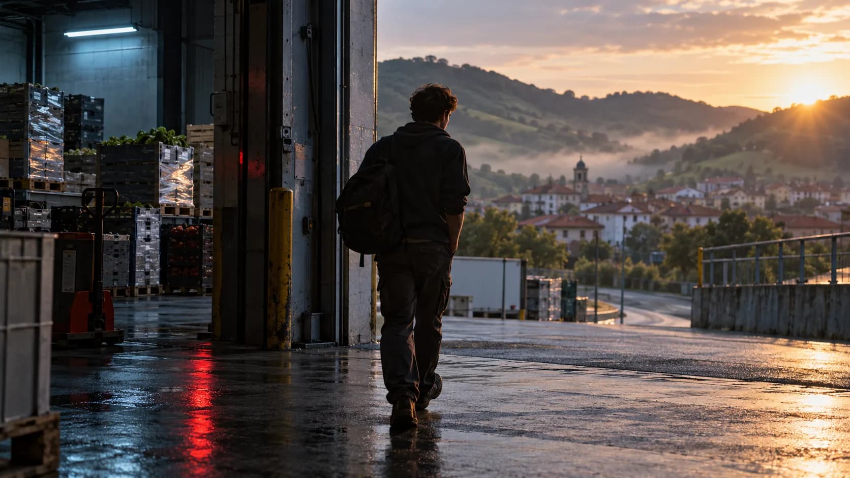 Al amanecer, un chico con mochila sale del muelle de carga de un almacén después del turno de noche y camina hacia un pueblo entre montes verdes.
