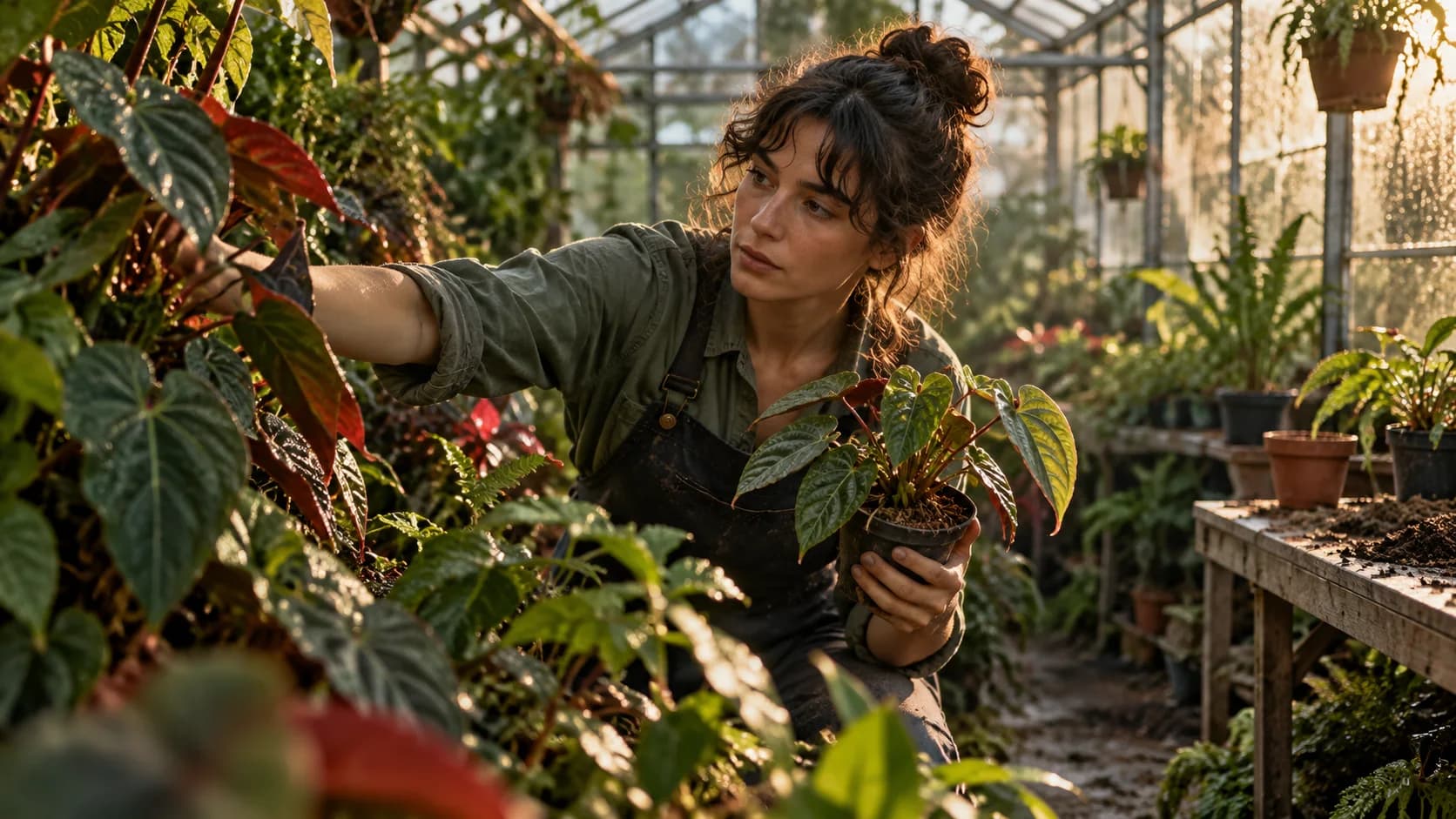 Botánica busca una planta concreta entre la vegetación de un invernadero.