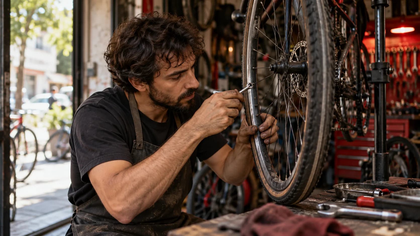 Mecánico de bicicletas ajusta los radios de una rueda y comprueba su giro.