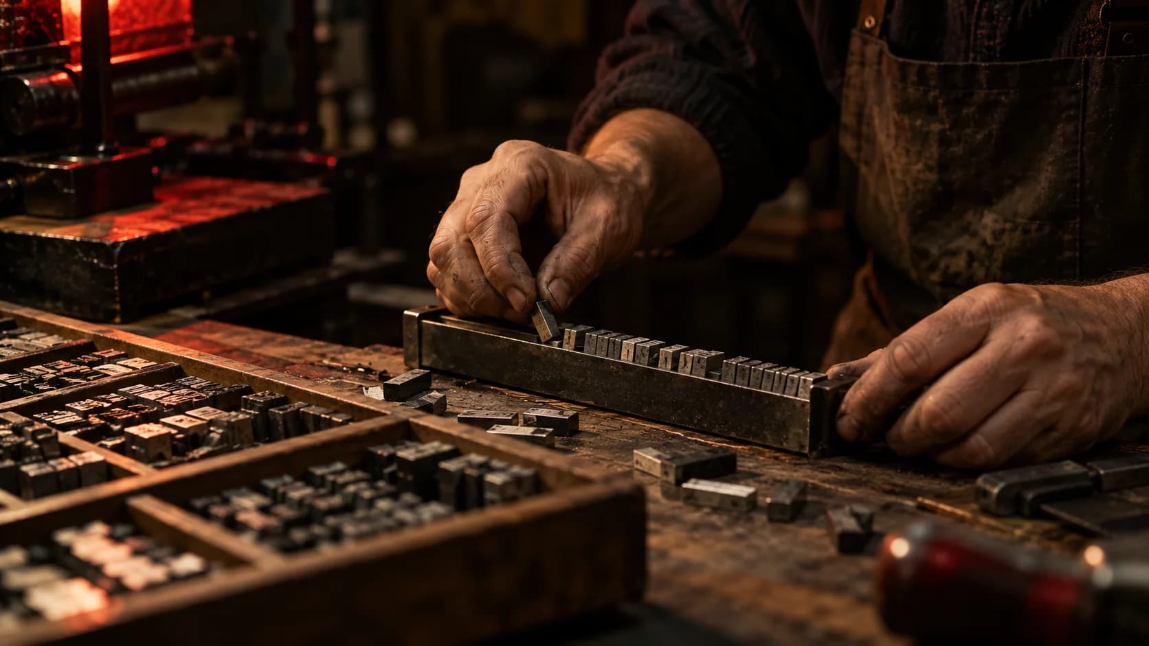 Manos de un tipógrafo ordenan pequeños bloques metálicos de letras en su taller.
