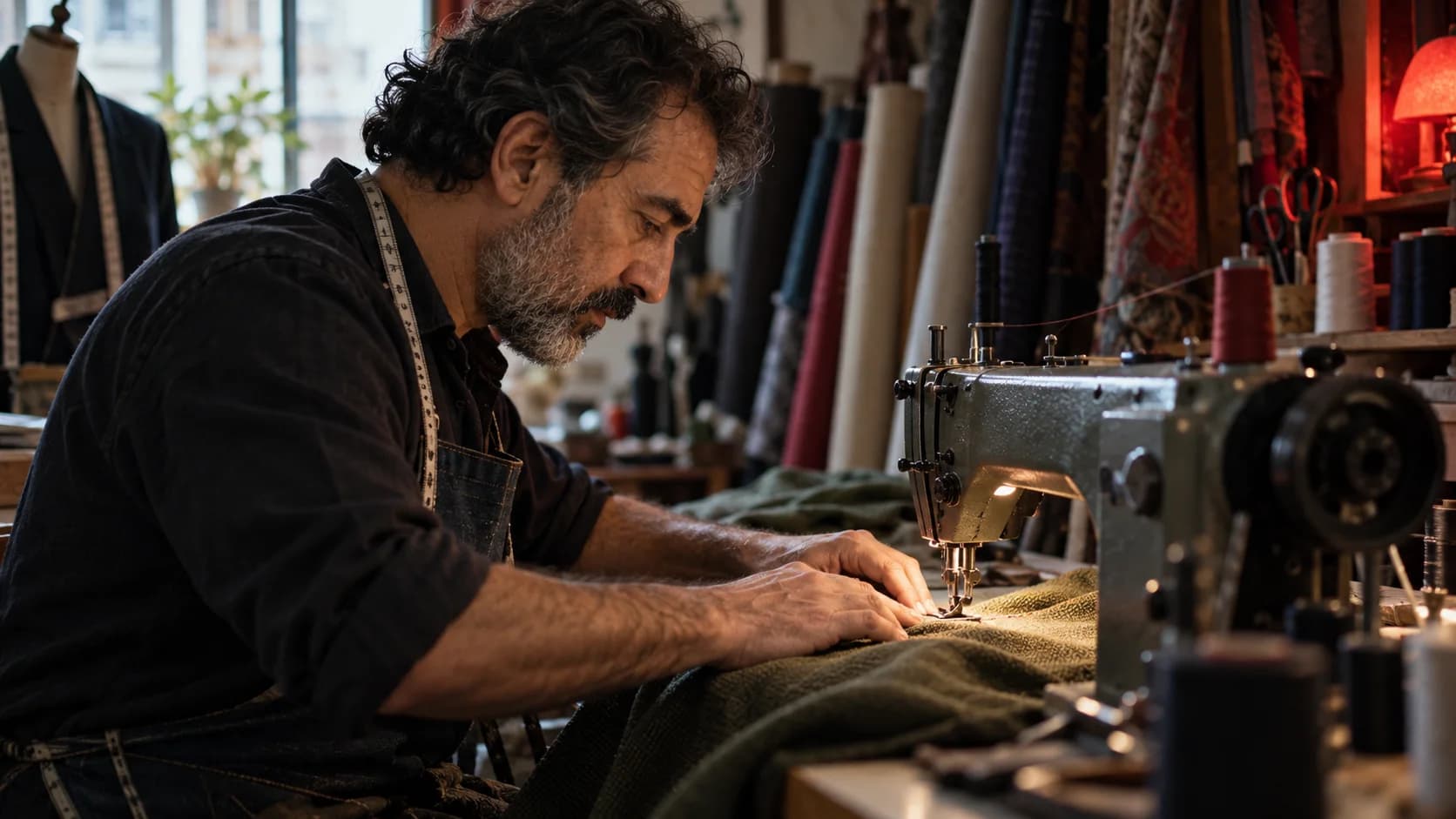 Sastre guía una tela bajo la máquina de coser en su taller.