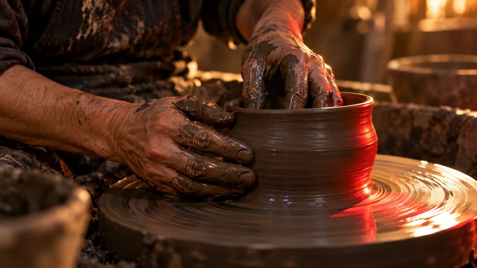 Manos de alfarero moldean arcilla húmeda en un torno con un reflejo rojo.