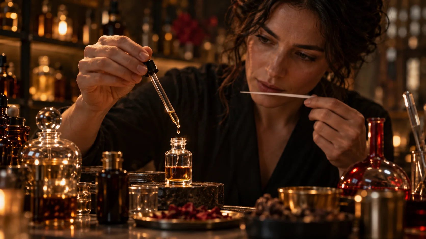 Perfumista añade una gota a un frasco y compara el aroma mientras lo formula.