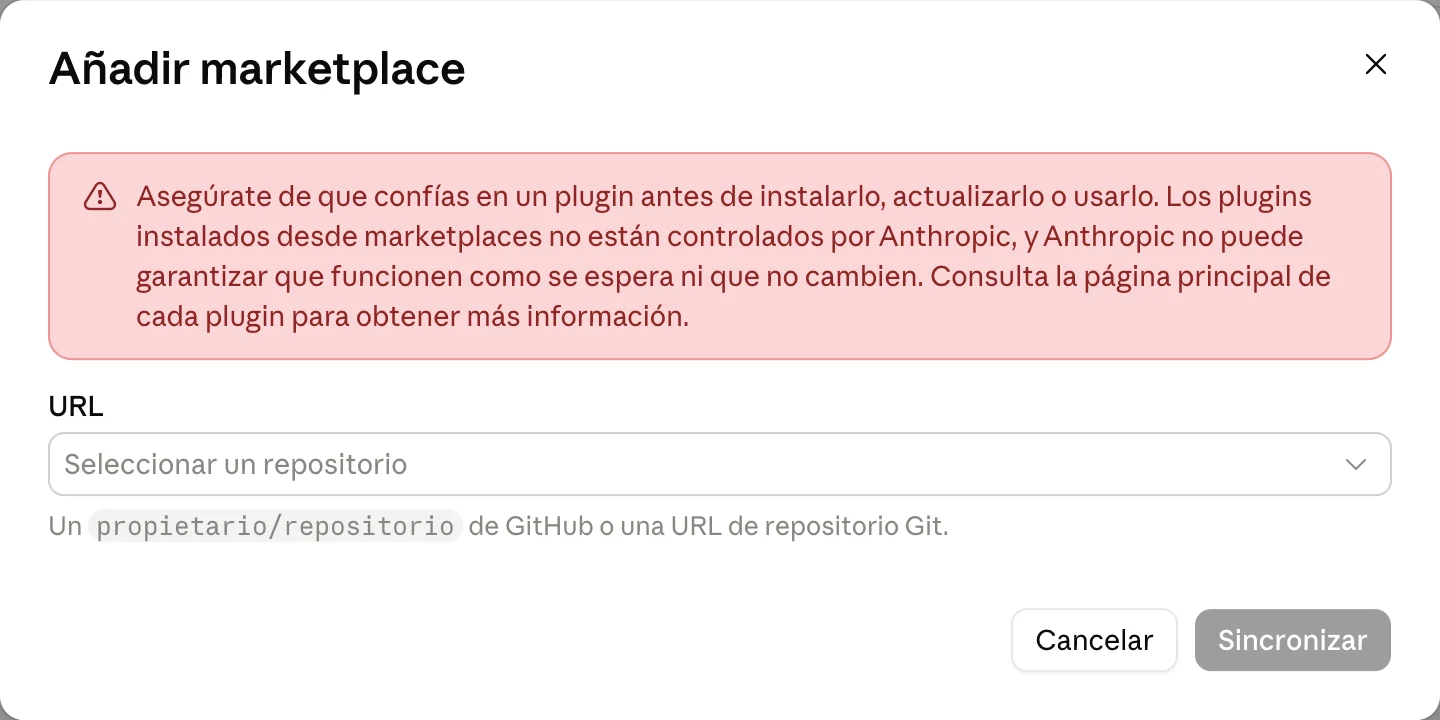 Formulario para añadir un marketplace desde un repositorio: un aviso de confianza, el campo URL y el botón Sincronizar.